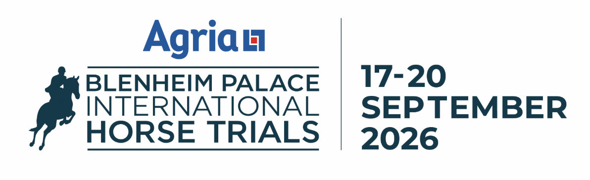 Promotional graphic for the Blenheim Palace International Horse Trials featuring the Agria logo, a silhouette of a horse and rider, and event details for September 17-20, 2026.